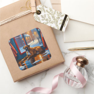 Boxer with Christmas Lights Holiday Square Sticker