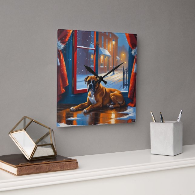 Boxer with Christmas Lights Holiday Square Wall Clock (Office)