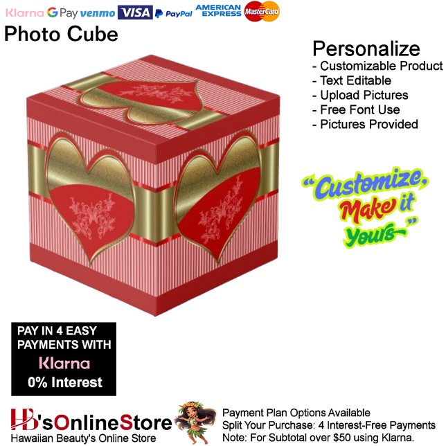 Boxes of Hearts Photo Cube (Boxes of Hearts Red Gold Stripes Photo Cube with Red Background.)