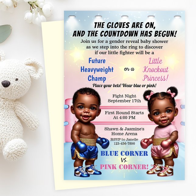  Boxing Gender Reveal Baby Shower Invitation (Boxing gender reveal baby shower invitation with adorable baby boxers! Simply add your details.)