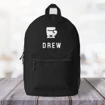Boxing Glove Modern Black Name Boxer Printed Backpack<br><div class="desc">A custom design on a black background featuring a boxing glove motif icon in white which can be easily replaced by uploading your own logo, image or motif! The personalised monogram name in white modern block typography can be replaced with your own name or custom text. The perfect gift or...</div>
