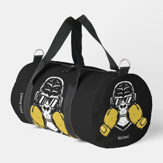 Boxing gorilla in gloves retro name or own text   duffle bag (Left Corner)