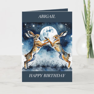 Boxing Hares Full Moon Birthday Card (editable)