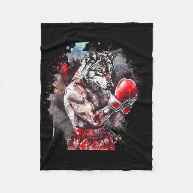 Boxing Wolf With Boxing Gloves Kickboxing Funny Bo Fleece Blanket (Front)