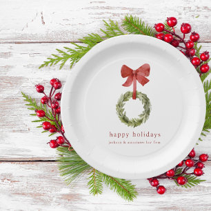 Boxwood Christmas Wreath Red Bow Paper Plate