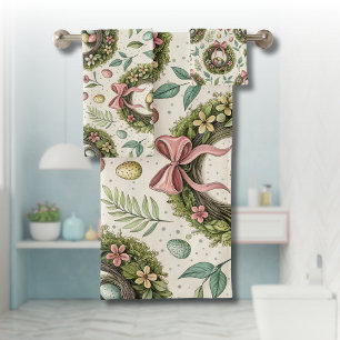 Boxwood Easter Wreath Pink Bow with Egg Bath Towel Set