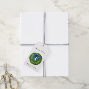 Boxwood Green Wreath with Blue Bow  Gift Tags