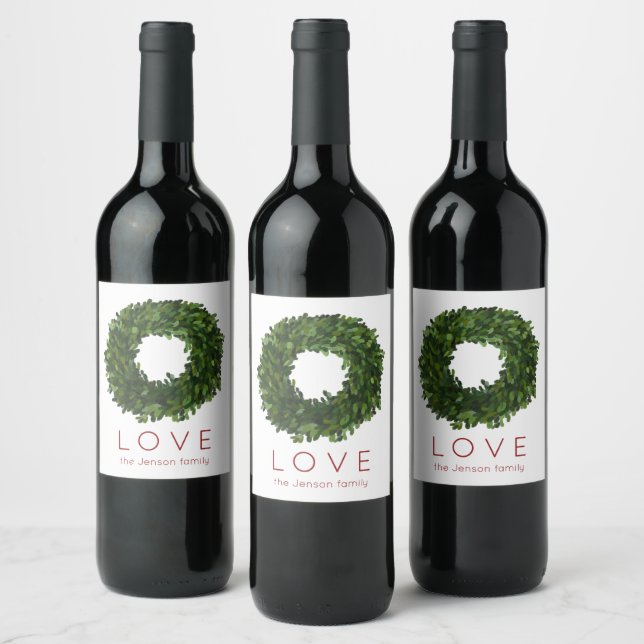 Boxwood Wreath Christmas Holiday Wine Label (Bottles)