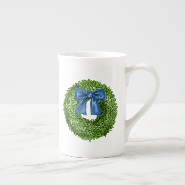 Boxwood Wreath with Blue Bow Ceramic  Bone China Mug (Right)