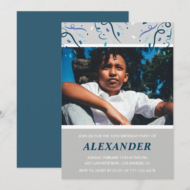 Boy 10th birthday invitations Confetti Photo Navy (Front/Back)
