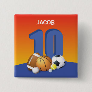 Boy 10th Birthday Sports Balls 15 Cm Square Badge