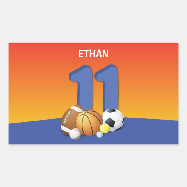 Boy 11th Birthday Sports Balls Rectangular Sticker (Front)