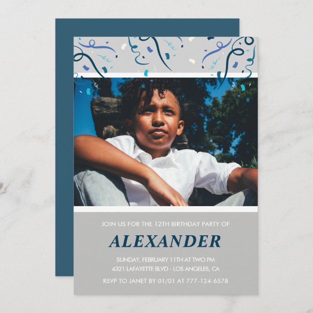 Boy 12th birthday invitations Confetti Photo Navy (Front/Back)