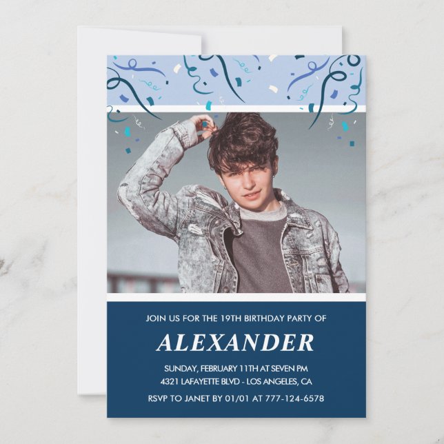 Boy 19th birthday invitations Photo Navy (Front)