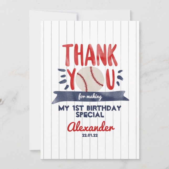 Boy 1st Baseball Birthday Thank You card (Front)
