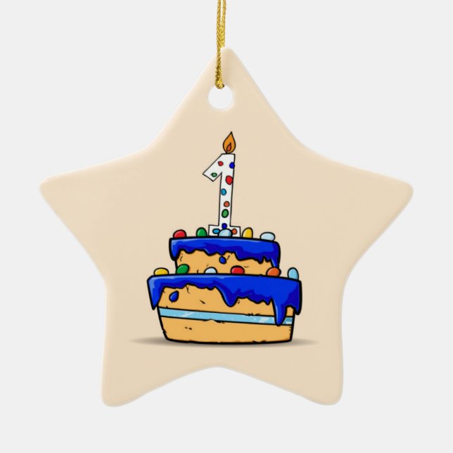 Boy 1st Birthday, 1 on Sweet Blue Cake Ceramic Tree Decoration (Front)