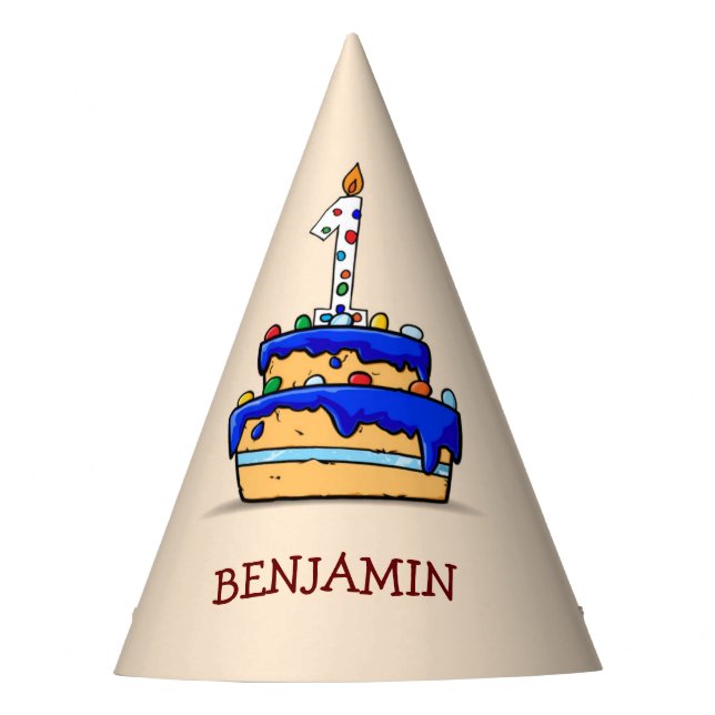 Boy 1st Birthday, 1 on Sweet Blue Cake Party Hat (Front)