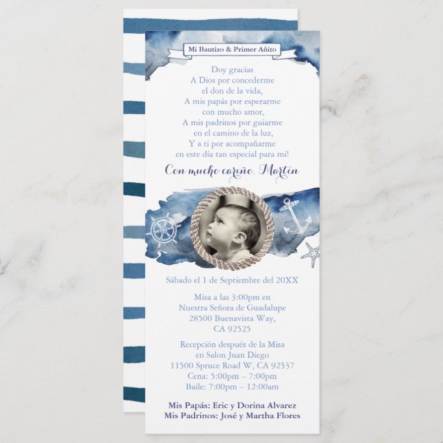 Boy 1st Birthday Baptism Blue Nautical, Spanish Invitation (Front/Back)