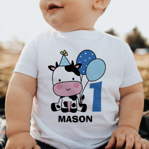 Boy 1st Birthday Cute Cow Balloons Personalised Baby T-Shirt