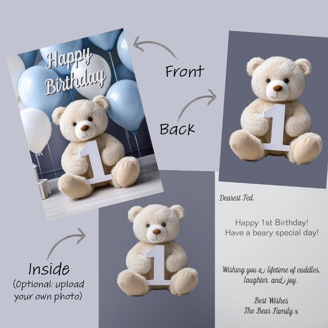 Boy 1st Birthday Cute Teddy Bear & Balloons Card (Baby Boy First Birthday card. Baby 1st Birthday card with number 1 & white teddy bear blue balloons)