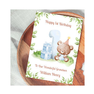 Boy 1st Birthday Greenery Teddy Bear Card