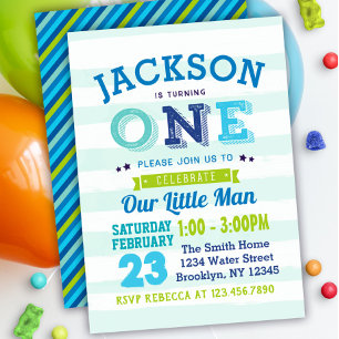 Boy 1st Birthday Invitation Blue Green Little Man