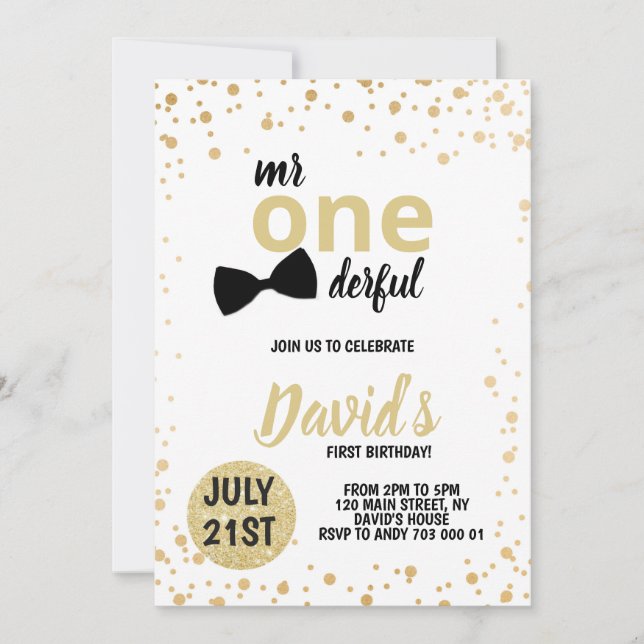 Boy 1st Birthday Mr Onederful First Birthday Gold Invitation (Front)