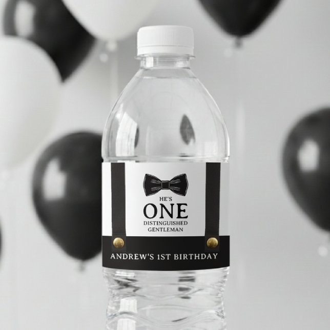 Boy 1st Birthday One Distinguished Gentleman Water Bottle Label (Creator Uploaded)
