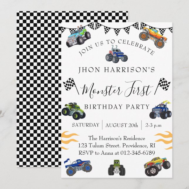 Boy 1st Birthday Party Monster Car  Invitation (Front/Back)