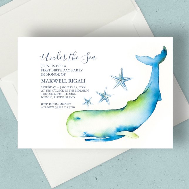Boy 1st Birthday Watercolor Whale Starfish Invitation (1st birthday under the sea watercolor whale and starfish nautical blue)