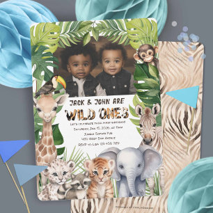 Boy 1st Birthday Wild One Twins Photo birthday Invitation