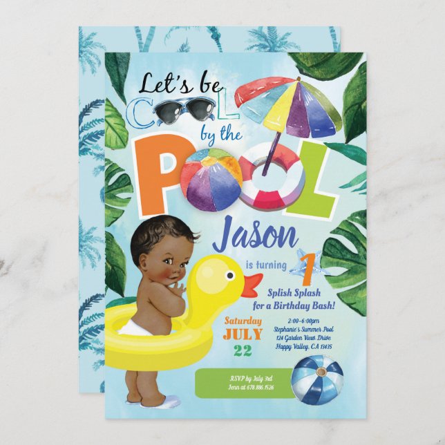 Boy 1st first birthday pool party tropical invitation (Front/Back)