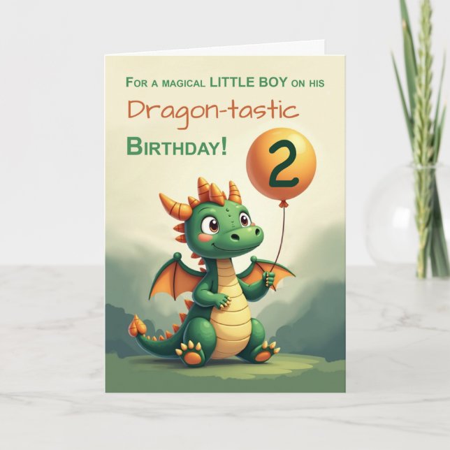 Boy 2nd Birthday Cute Dragon Holding Balloon Card (Front)