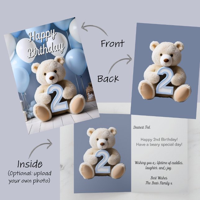 Boy 2nd Birthday Cute Teddy Bear & Balloons Card (Bear Baby Child Kid 2nd Second Birthday Card. White teddy bear holds number 2. Blue & White balloons)