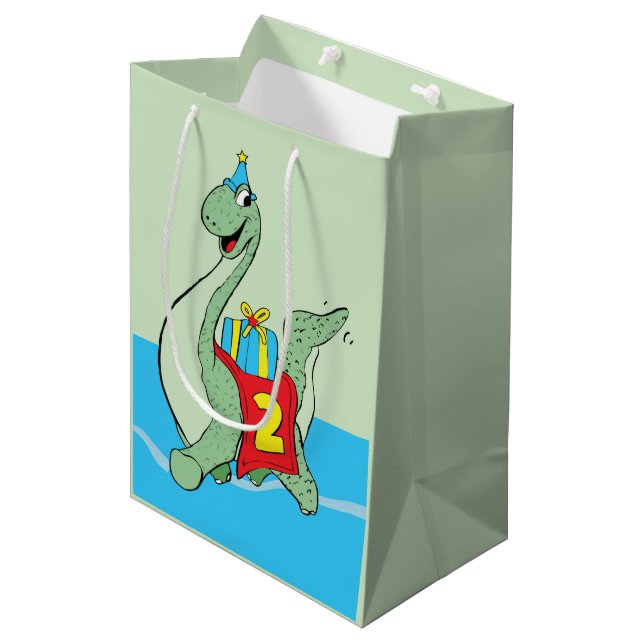 Boy, 2nd Birthday Dinosaur Medium Gift Bag (Front Angled)