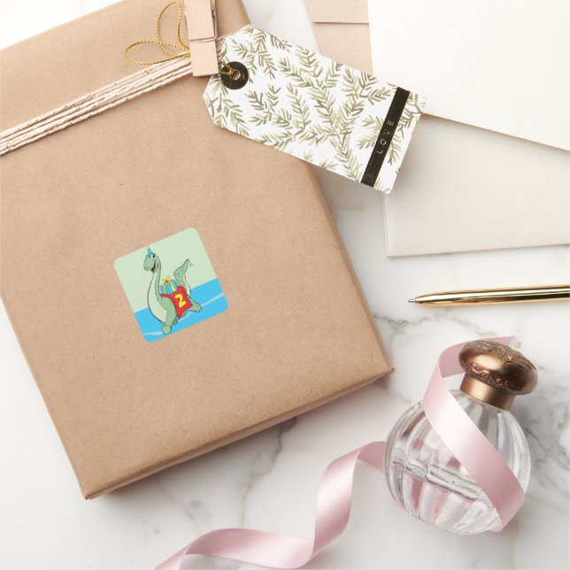 Boy, 2nd Birthday Dinosaur Square Sticker (Gifting)