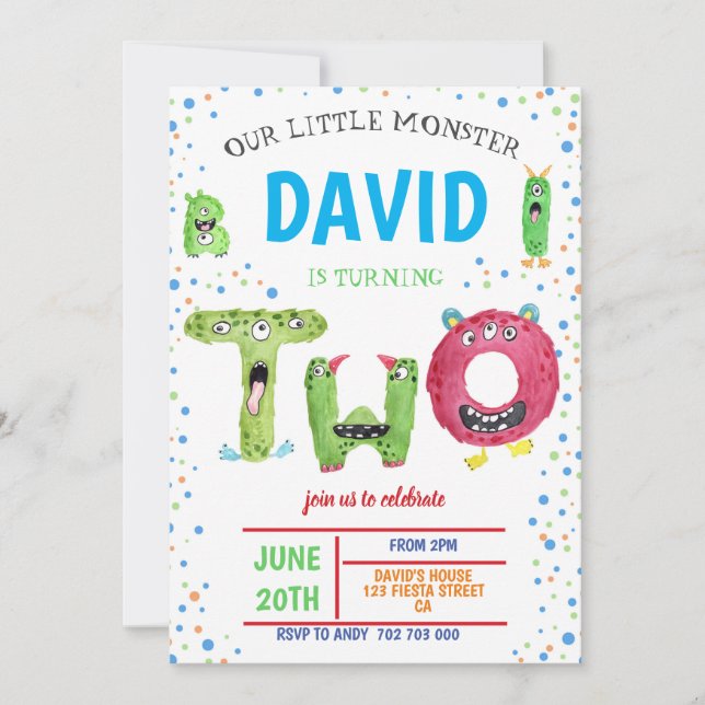 Boy 2nd Birthday Monsters Party Second Birthday Invitation (Front)