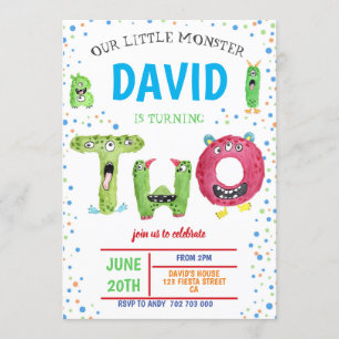 Boy 2nd Birthday Monsters Party Second Birthday Invitation