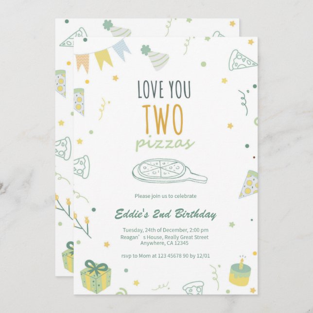 Boy 2nd Birthday Pizza Party Invitation Blue (Front/Back)