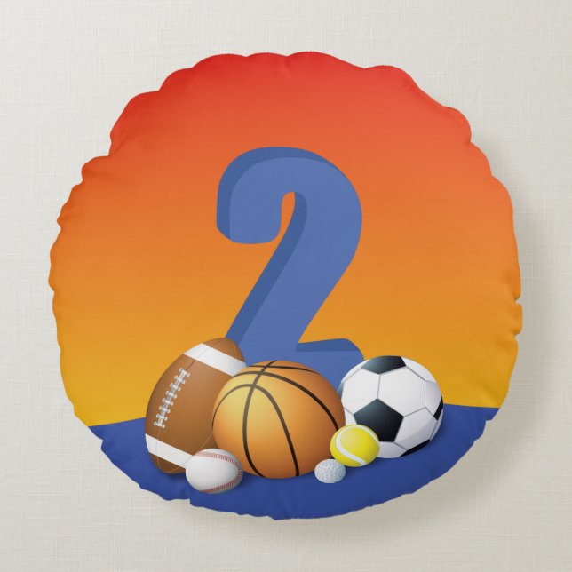 Boy 2nd Birthday Sports Balls Round Cushion (Front)
