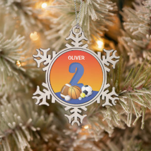 Boy 2nd Birthday Sports Balls Snowflake Pewter Christmas Ornament