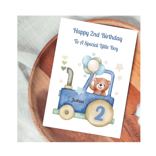 Boy 2nd Birthday Tractor Bear Birthday Card (Creator Uploaded)