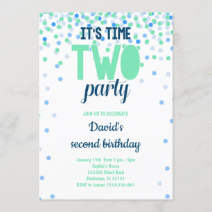 Boy 2nd Birthday TWO PARTY Confetti Blue Green Invitation