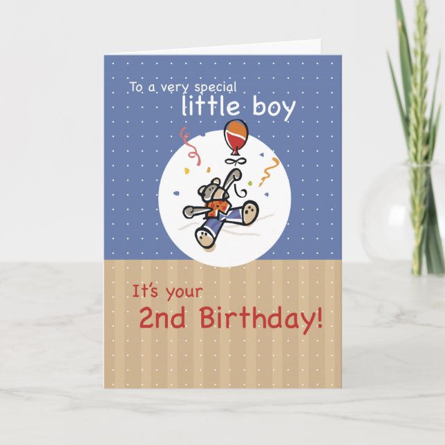 Boy 2nd Teddy Bear Balloon Birthday Card (Front)