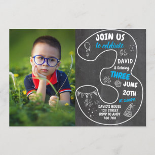Boy 3rd Birthday Chalkboard with Photo Number Blue Invitation