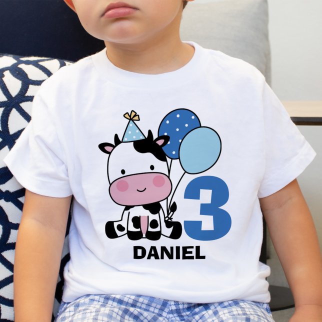 Boy 3rd Birthday Cute Cow Personalised T-Shirt (Creator Uploaded)