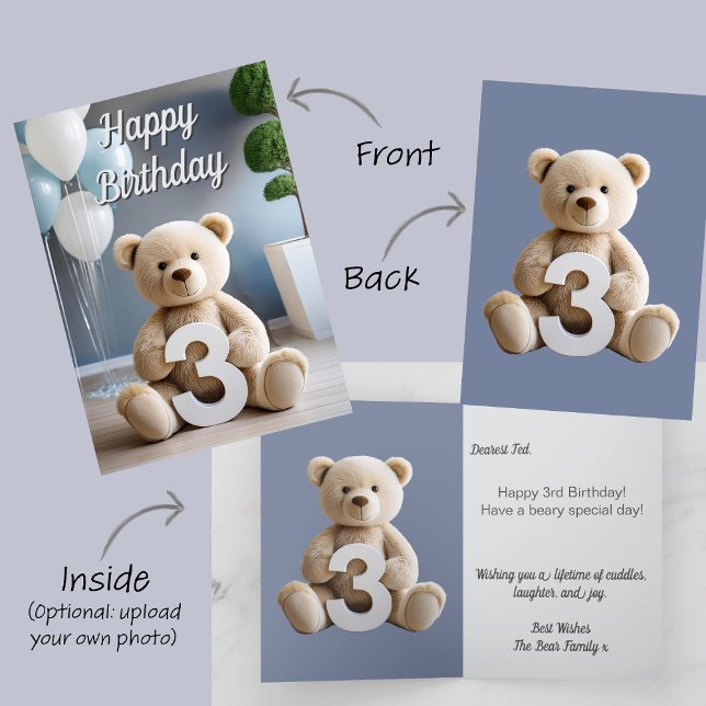 Boy 3rd Birthday Cute Teddy Bear & Balloons Card (Baby boy 3rd third birthday card. Blue & white balloons. White teddy bear holds number 3)