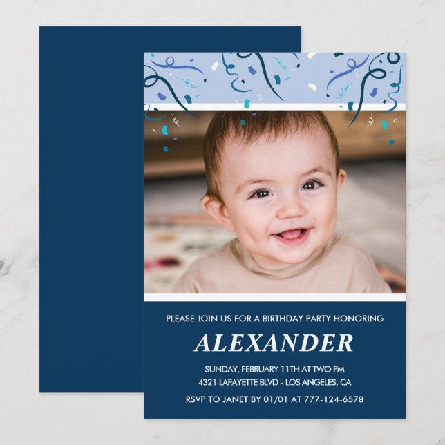 Boy 3rd birthday invitations Photo Navy Blue (Front/Back)