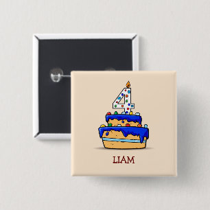 Boy 4th Birthday, 4 on Sweet Blue Cake 15 Cm Square Badge