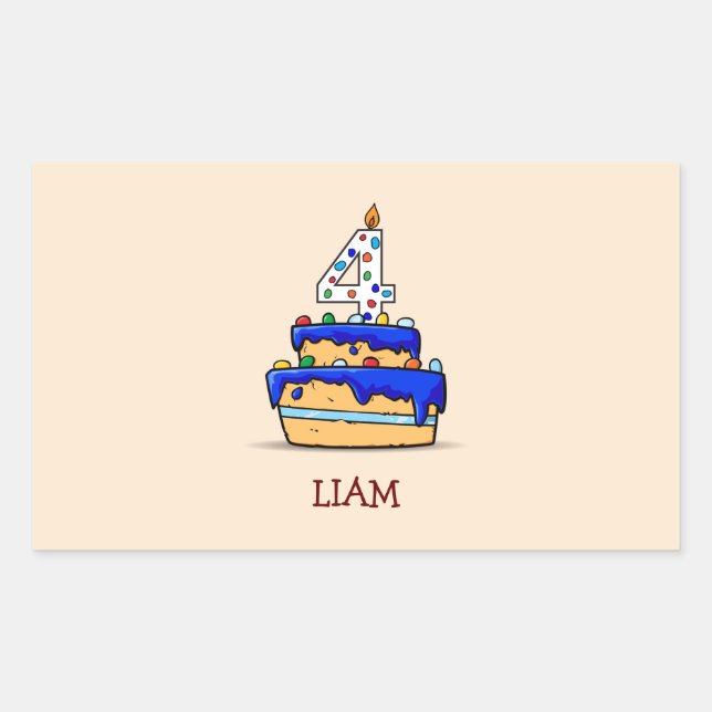 Boy 4th Birthday, 4 on Sweet Blue Cake Rectangular Sticker (Front)